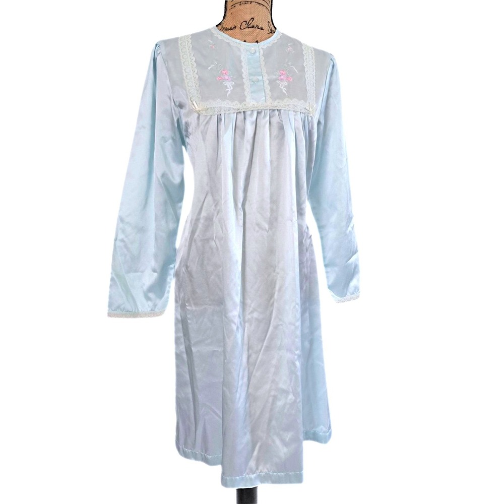 Vintage Barbizon Cuddleskin Nightgown Blue Floral Lace Trim Sleepwear Small